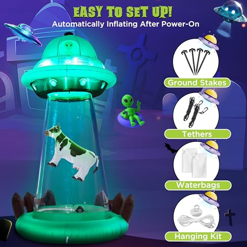 10 FT Halloween Inflatable UFO with Floating Cow - Alien Abduction Scene, Outdoor Decoration