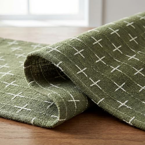 Olive Green Cross-Star Textured Table Runner - 13x90 Inch Waterproof Rustic Decor