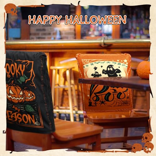 Terrifying Halloween Chair Cover Set - 6 Elastic Backrest Protectors for Dining Chairs - Gothic Skeleton Pumpkin Black Cat Bat Design