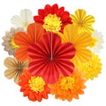 Dark Orange Red Paper Flower Fans & Pompoms Set for Fall Party Decorations - 12PCS