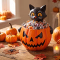Halloween Black Cat Candy Bowl with Pumpkin Resin Decor - 5.5 Inch