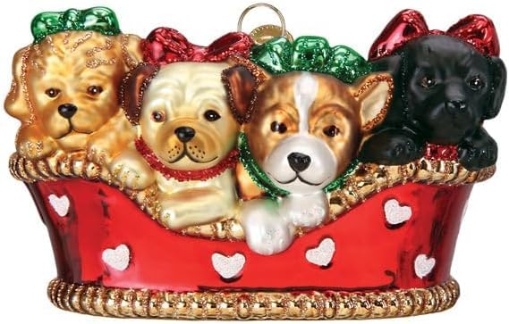 Puppies in a Basket Christmas Ornament - Handcrafted Holiday Dog Decor