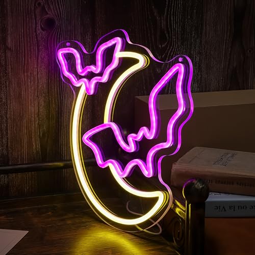 Halloween Neon Sign Moon and Bat LED Light - Halloween Party Decorations - Variation: Moon Bat