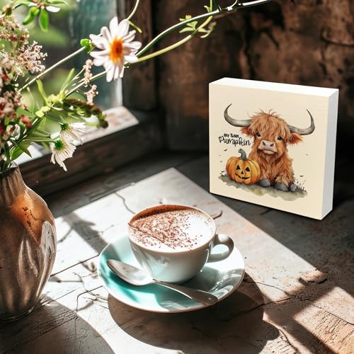 Pumpkin Western Halloween Wooden Sign - Fall Baby Highland Cow Decor, 5x5 Inch