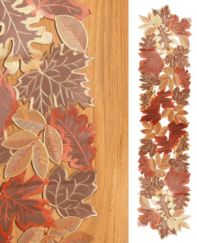Autumn Fall Embroidered Leaves Table Runner 13x70 Inch for Thanksgiving Halloween Dining Decor