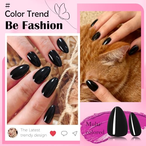 Black Short Almond Press On Nails Set - Reusable Fake Nails with Glue Tabs
