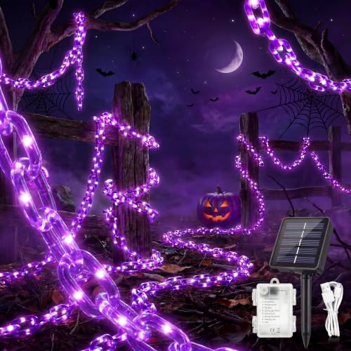 Purple Halloween LED Chain Lights 10.5 Ft with 175 Vivid Orange LEDs, USB & Battery Powered