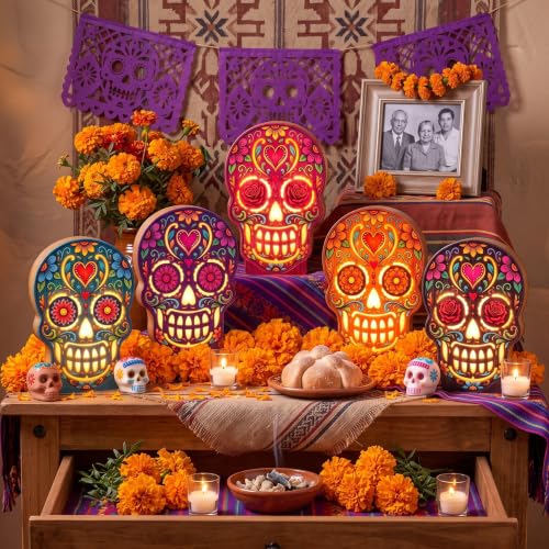 Day of The Dead Skeleton Table Decor - Lighted Sugar Skull Set of 5 - Halloween & Party Accent