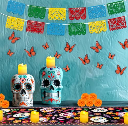 Dia De Los Muertos Decorations Set - Table Runner Banner Candles Butterflies