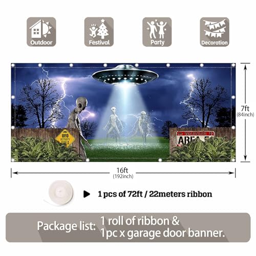 Halloween UFO Alien Garage Door Banner - 16x7ft Party Decoration with Rope - Spooky Outdoor Decor