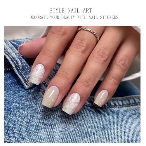 Gel Nail Wraps - Glitter Semi Cured Strips with White Flower Design - Cream White Variation