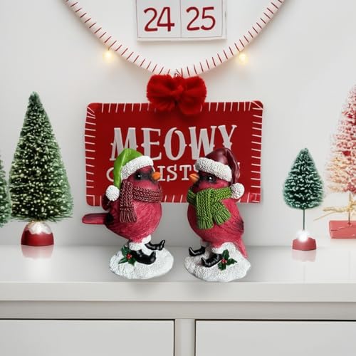 Christmas Cardinal Figurine - Red Birds Holiday Tabletop Decor, Indoor Outdoor