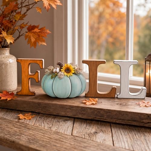 Fall Thanksgiving Wooden Letter Sign Set with Pumpkin Decor - Autumn Home Decor