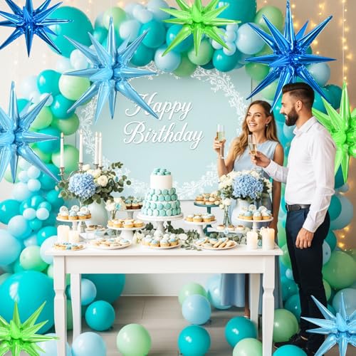 Blue Green Explosion Star Foil Balloons - 8 Pcs Party Decoration