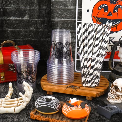 Halloween Plastic Cups with Lids & Straws - Black Bat Design, 12Oz, 50 Pack