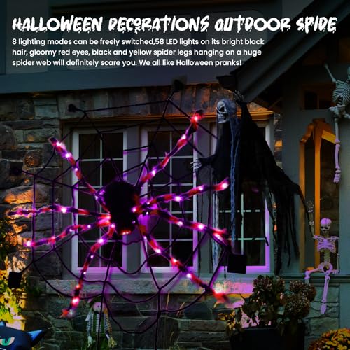 Giant 5.7ft Halloween Spider Web Decor with 58 LED Lights & 8 Modes