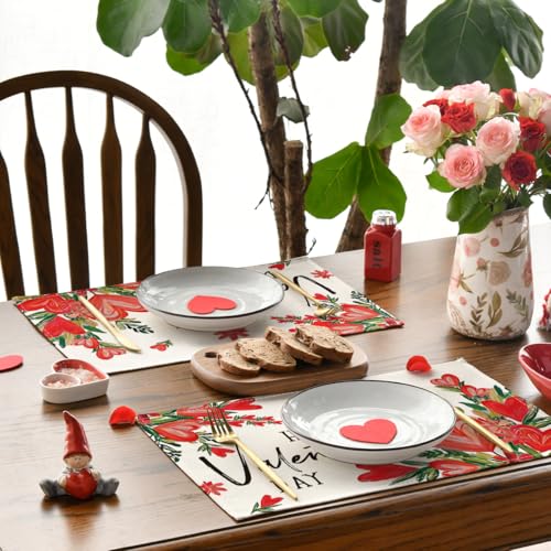 Red Hearts Love Valentine's Day Placemat Set of 4 - 12x18 Inch Rectangular Table Mats