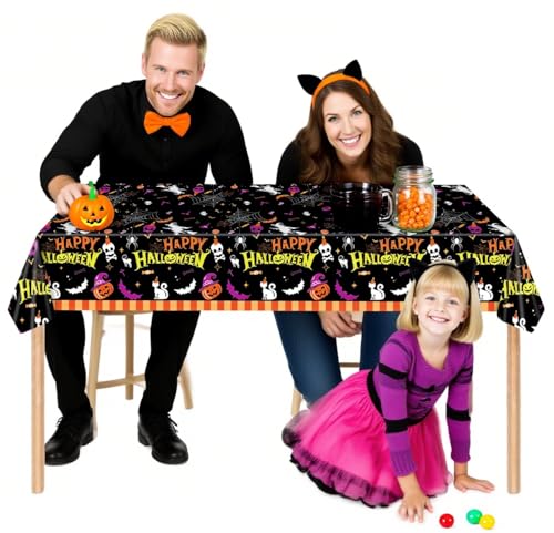 Halloween Tablecloths 3 Pack Waterproof Disposable Rectangle Cover - Black Ghosts & Bats Design, 54x108 Inches - Halloween