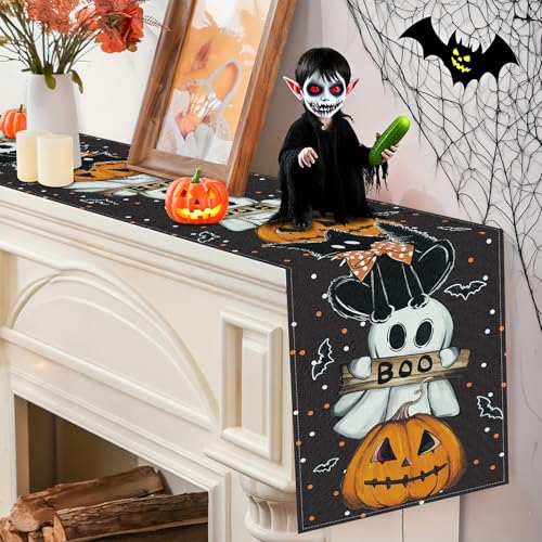 Halloween Table Runner 13x108 Inches Spooky Pumpkin Web Decor for Kitchen & Dining - Black