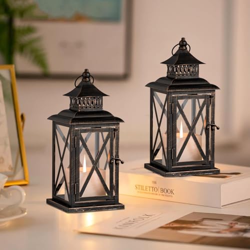 Black Indoor & Outdoor Decorative Lanterns - 2 Pack Large Hanging Candle Holders for Porch & Patio