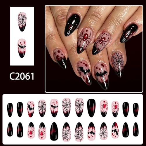 Halloween Press-On Nails Almond Black French Tip with Spider & Bat - Style-28