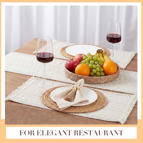 White Kitchen Decor Set with Round & Rectangular Woven Placements, Napkin Rings, Cloth Napkins, Table Runner & Storage Basket - 12x72'' Variation of THIS listing