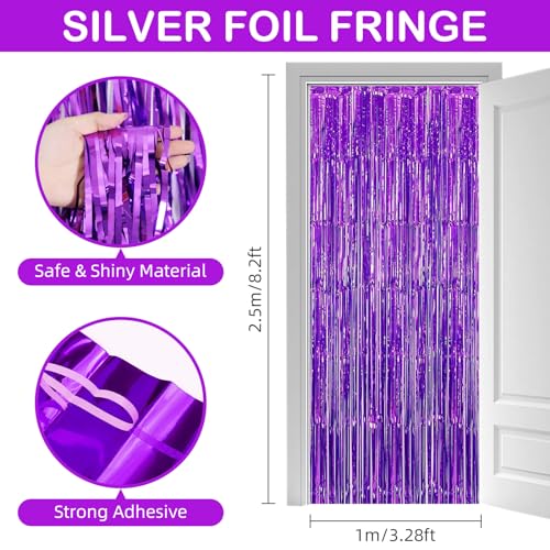 Purple Fringe Curtain Party Streamers - 12 Pack 3.3ft x 8.2ft Foil Backdrop for Birthday Wedding Baby Shower & Disco Party - Variation: Purple