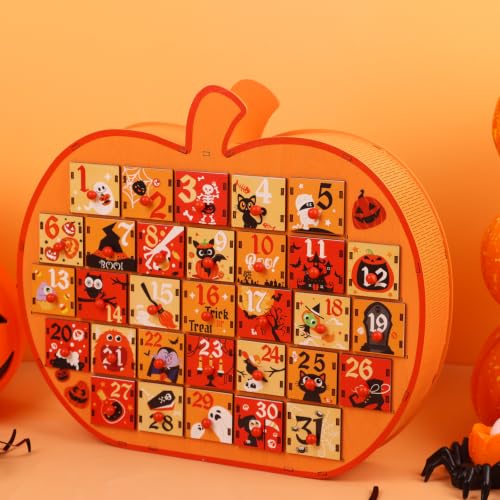 Halloween Pumpkin Countdown Calendar - Wooden Advent Box with Storage Drawers - Orange, 31 Days