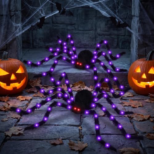 Giant Light Up Halloween Spider Decoration, 50 Inch Outdoor Indoor, Glowing Purple Lights & Red Eyes, Bendable Legs, 8 Light Modes