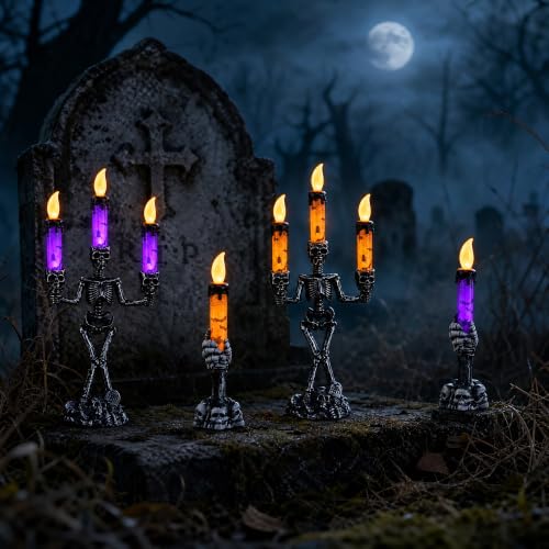 Halloween Skeleton Candelabra LED Candle Holders Set - Skull Decor for Parties