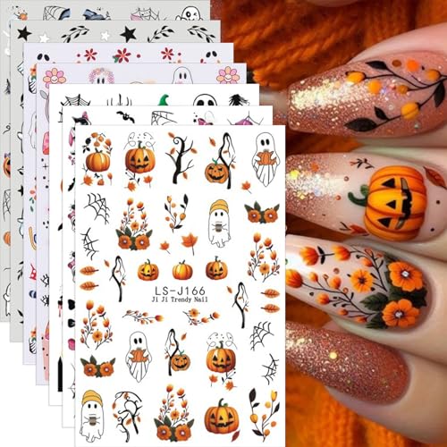 Halloween Pumpkin and Ghost Nail Stickers - Variation 05, Spooky Fall Nail Art Decals, 7 Sheets