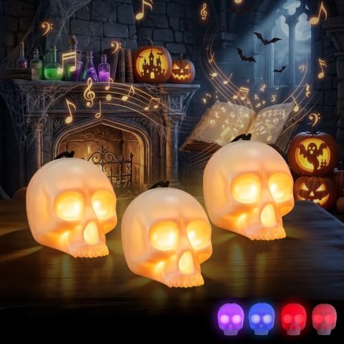 EverBrite 3-Pack Halloween Skull Lamps with Music & 5 Lighting Modes - Spooky Decor