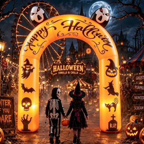 Halloween Inflatable Archway 9FT Tall with Ghost, Pumpkin, Witch & LED Lights - Outdoor Yard Decor