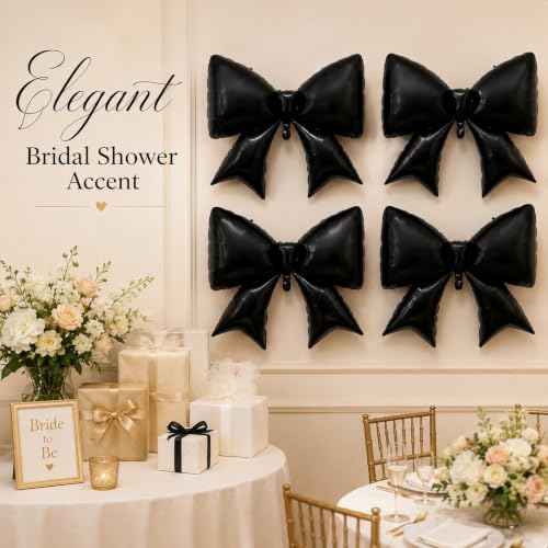 Black Bow Balloons Set - 4 Pieces 38 Inch Foil Decorations for Halloween & Birthday