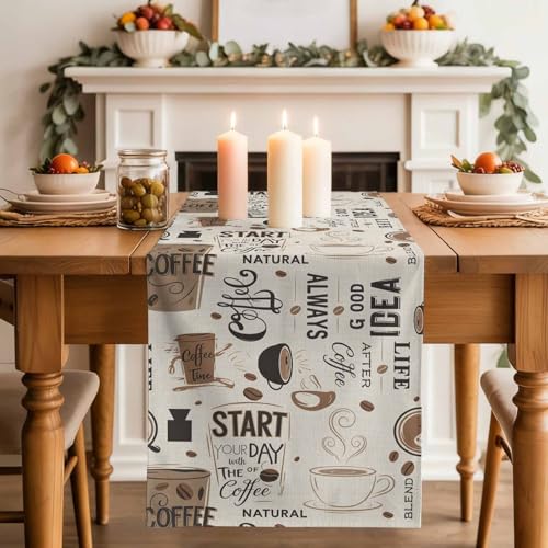 Farmhouse Cotton Linen Table Runner 18 x 72 Inches - Brown Beige Kitchen Decor