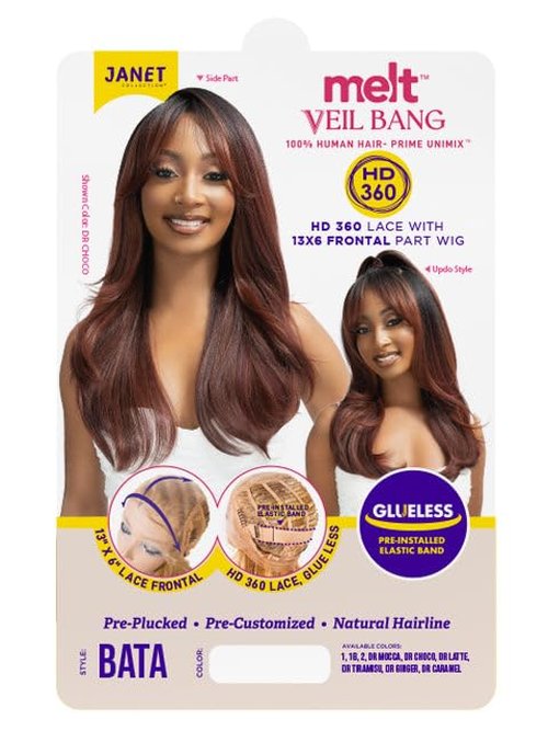 Janet Collection melt VEIL BANG HD 360 HUMAN HAIR BLEND PRIME UNIMIX Hand-Tied 13X6 Frontal with HD 360 Glueless Transparent Lace BATA Wig (COLOR #1B)