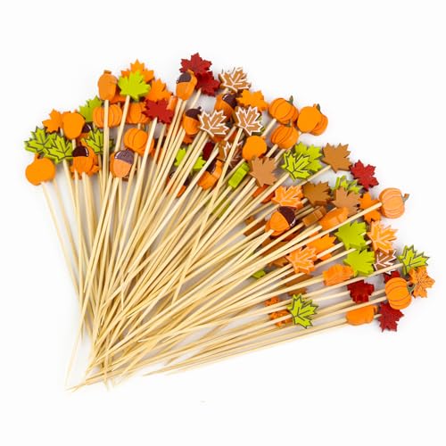 Pumpkin Fall Cocktail Picks 4.7 Inch - Leaves, Acorns, and Pumpkins, 100PCS
