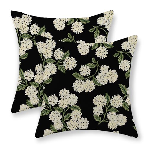 20x20 Inch Set of 2 Black Pillow Covers with Hydrangea Floral Pattern - Outdoor Linen Cushion Cases