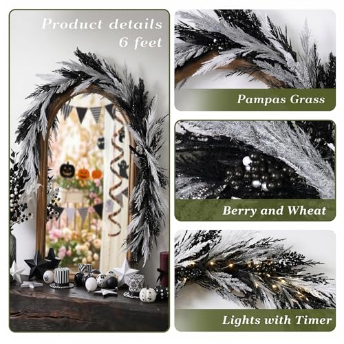 Black and White Halloween Pampas Garland with Lights - 6 Ft DecorbyHannah
