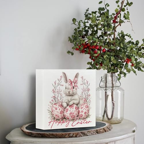 Pink Bunny Wooden Sign - Easter Decor, Holiday Tabletop Gift, 5x5 Inch