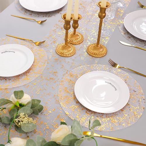 Gold Table Runner Roll 9FTx2 Sheer Gauze Chiffon Tulle Fabric Sequin Glitter