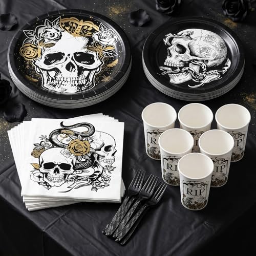 Gothic Halloween Party Tableware Set for 24 Guests - Disposable Plates Cups Napkins & Tablecloth