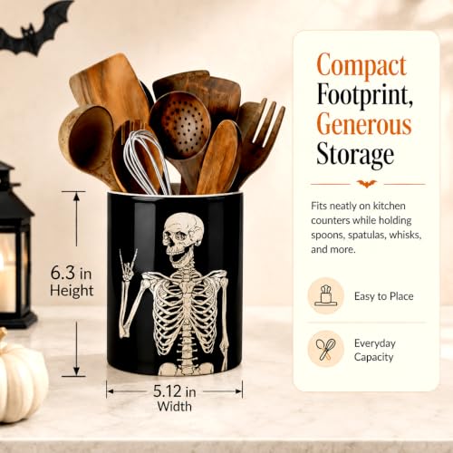 Skull Ceramic Kitchen Utensil Holder - Edgy Skull Design for Countertop, Rustic Farmhouse Decor