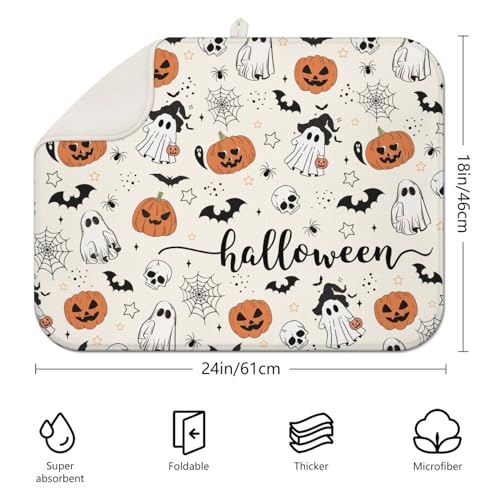 Halloween Dish Drying Mat for Kitchen Counter - Happy Halloween 18x24 Inch Pumpkin Ghost Pattern Microfiber