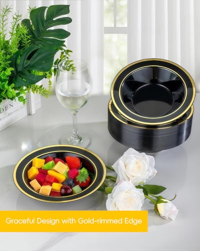 200 Pack Black Disposable Bowls with Gold Rim - Heavy Duty Party & Catering Serveware