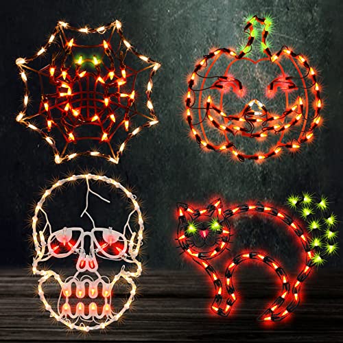 Halloween Lighted Window Silhouette Decorations Set - Jack-O-Lantern, Skull, Cat & Cobweb - 4 Pieces, Indoor & Outdoor Use