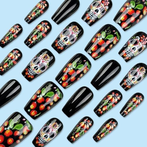 Halloween Fake Nails Medium Coffin Press-On Nails with Colorful Skull Design - Halloween Style2, 24 Pcs