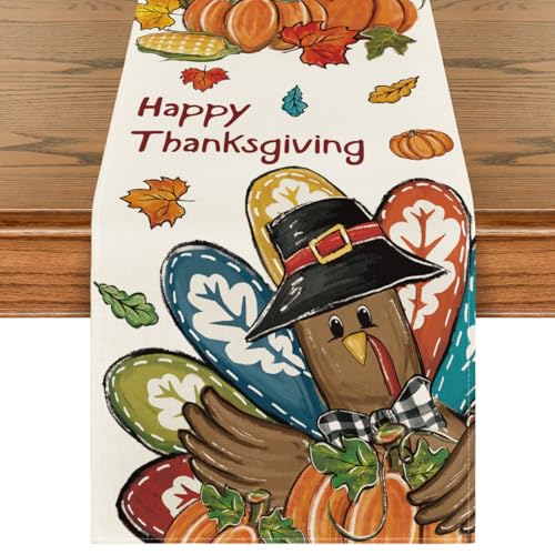 Pumpkins Turkey Thanksgiving Table Runner 13 x 108 Inch Fall Autumn Kitchen Decor - Beige