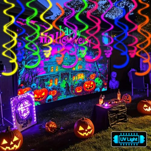 36PCS Neon Hanging Swirl Party Decorations UV Reactive Ceiling Streamers for Birthday & Halloween