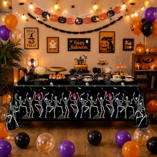 Halloween Dancing Skeleton Tablecloth Set - 3 Pack, Waterproof Plastic, 274x137 cm
